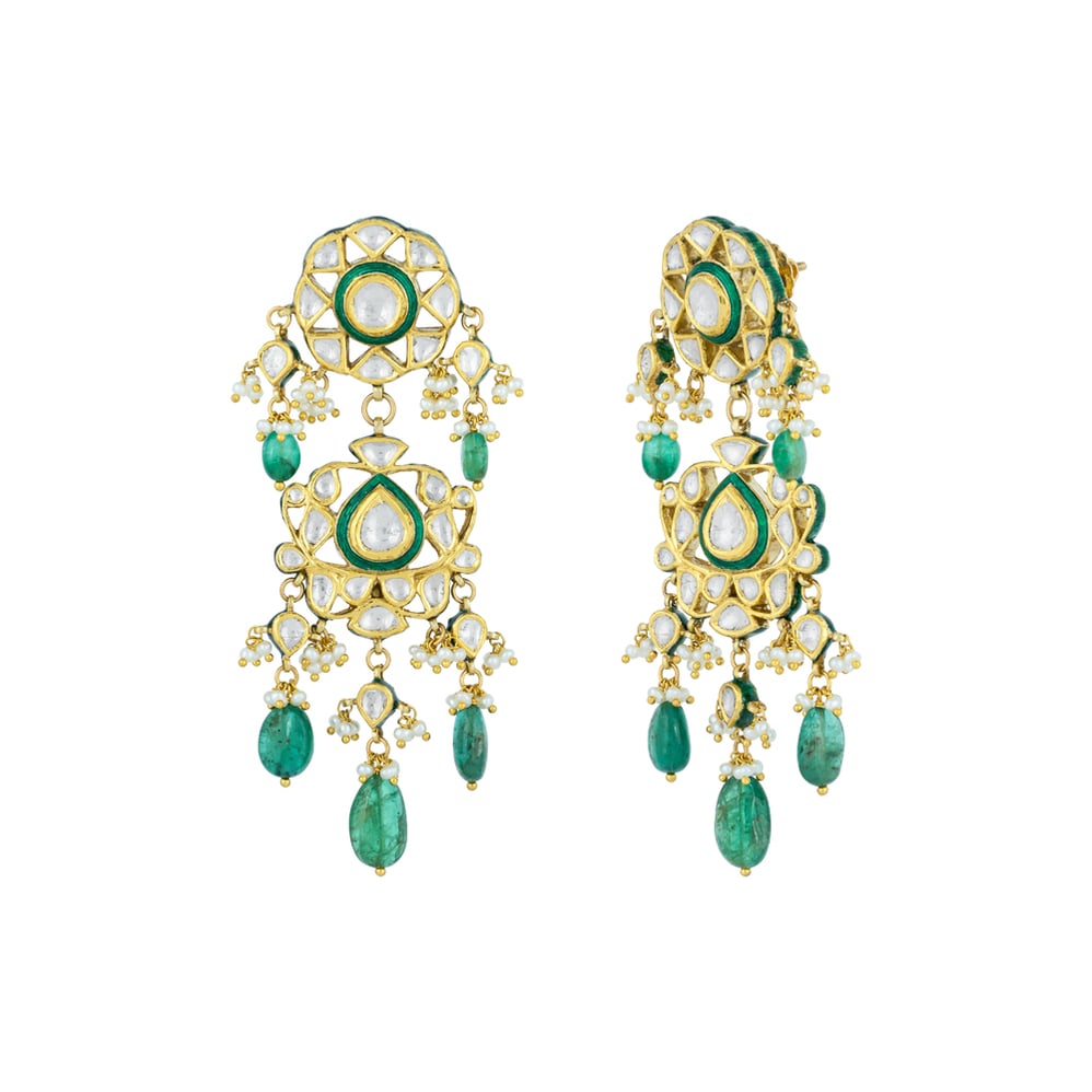 Polki Earrings with Green Enamel, Emeralds & Pearl Bunches